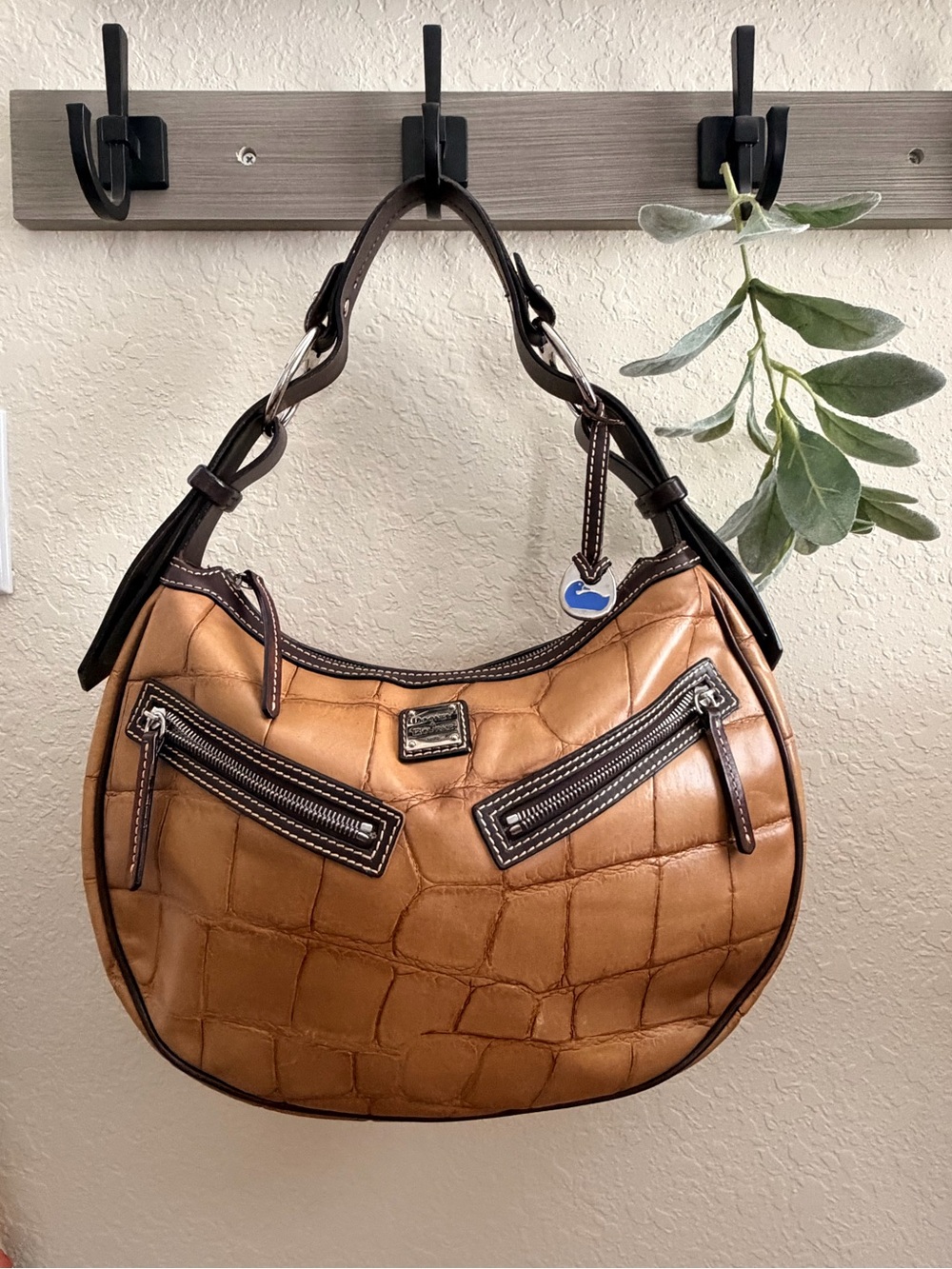 Dooney & Bourke Vintage Bayou Hobo Croc Embossed Leather Cognac